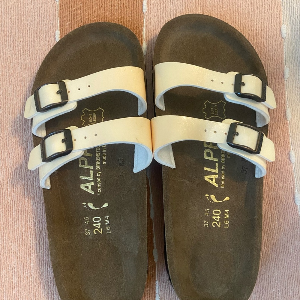 NWOT Birkenstock "ALPRO" Cream and Brown Two-Strap Sandals, Size 37, Narrow.